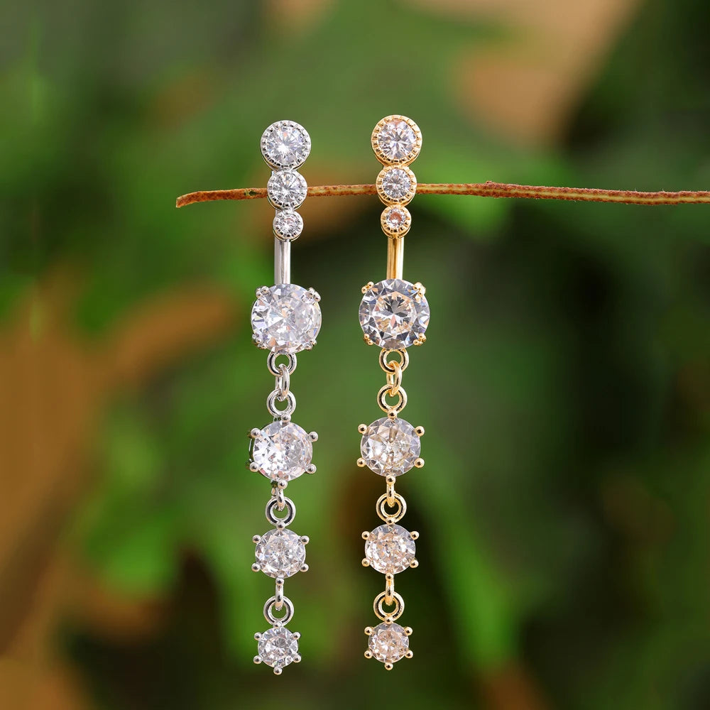 Long Dangled Flower Crystals Belly Button Rings Sexy Curved Navel Piercing for Women Girls 5 Zircons Belly body Jewelry 1 Piece
