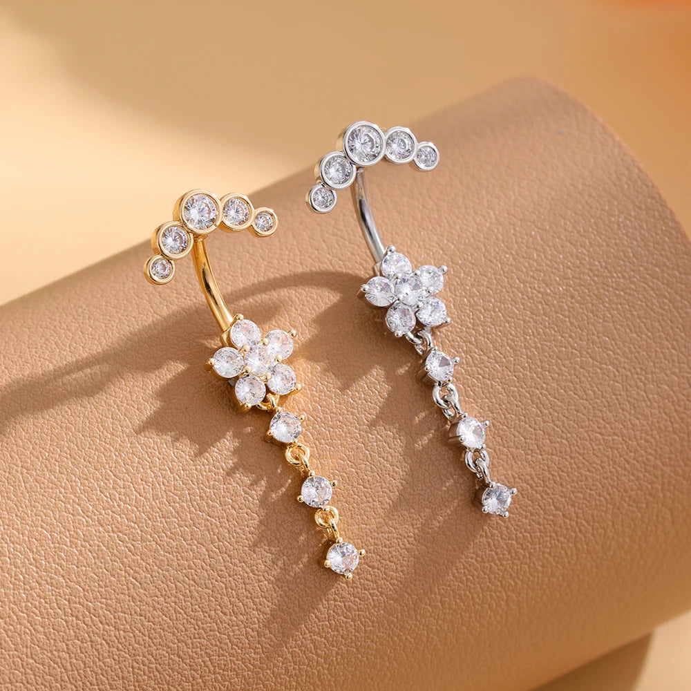 Long Dangled Flower Crystals Belly Button Rings Sexy Curved Navel Piercing for Women Girls 5 Zircons Belly body Jewelry 1 Piece