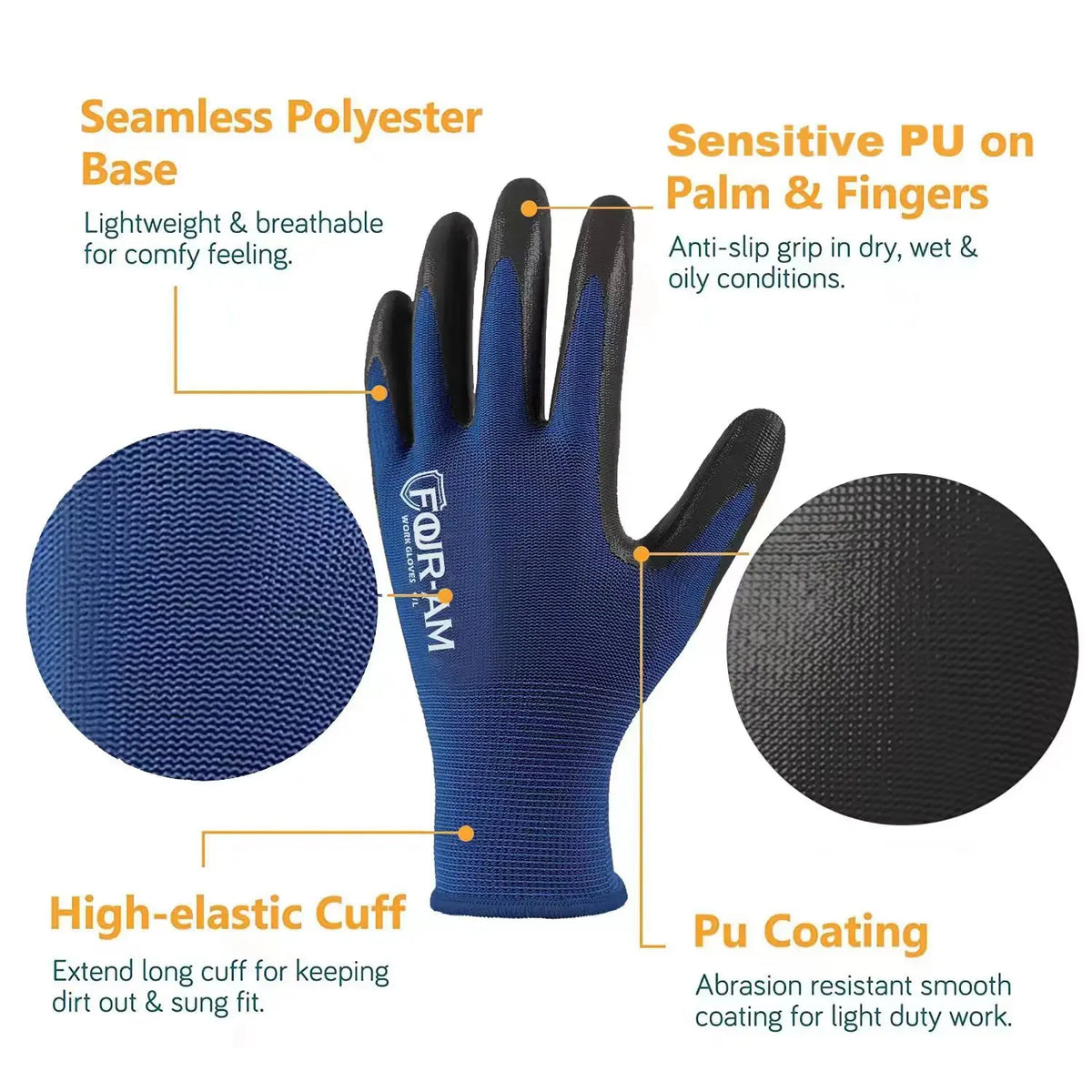 PU-Coated Knit Work Gloves – Blue & Black, 3 Pairs