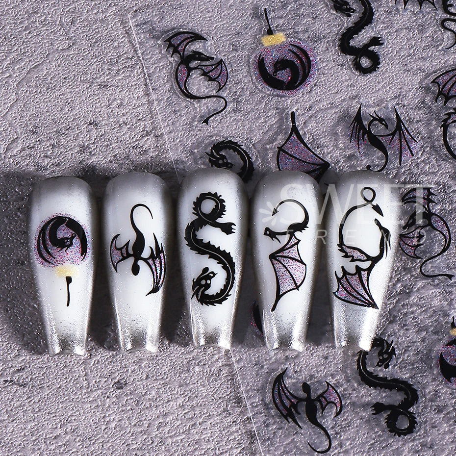 3/4pcs Metallic Dragon Nail Stickers Evil Bat Flying Dragon Designs Self-Adhesive Nail Decals Y2K Halloween Manicure Decoration