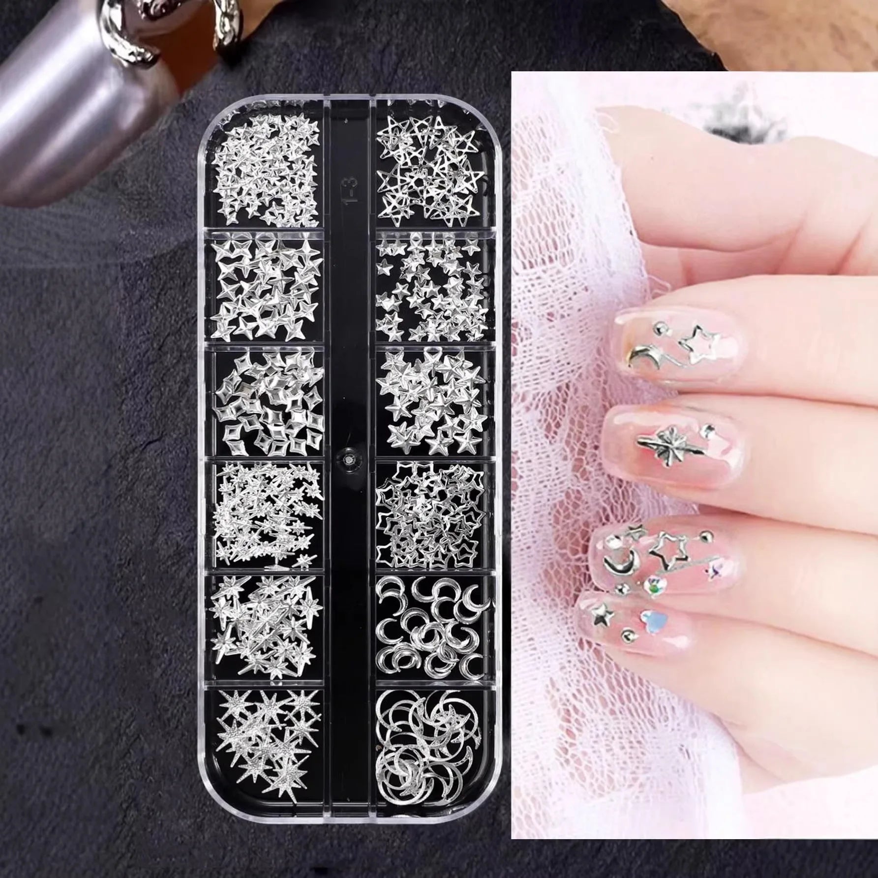 12Grids 3D Silver Heart Bow Butterfly Nail Charms Y2K Metallic Star Moon Nail Rivet Studs DIYValentine's Day Manicure Decoration