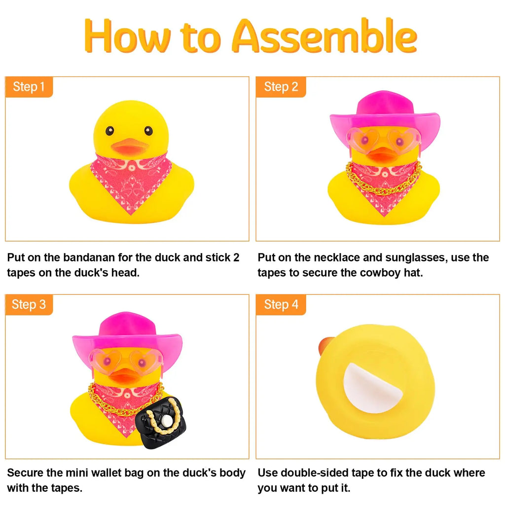 Rubber Duck Car Decor with Straw Hat, Gold Sunglasses, Necklace,Squeaky Dashboard Accessories, Decor Duck for Car