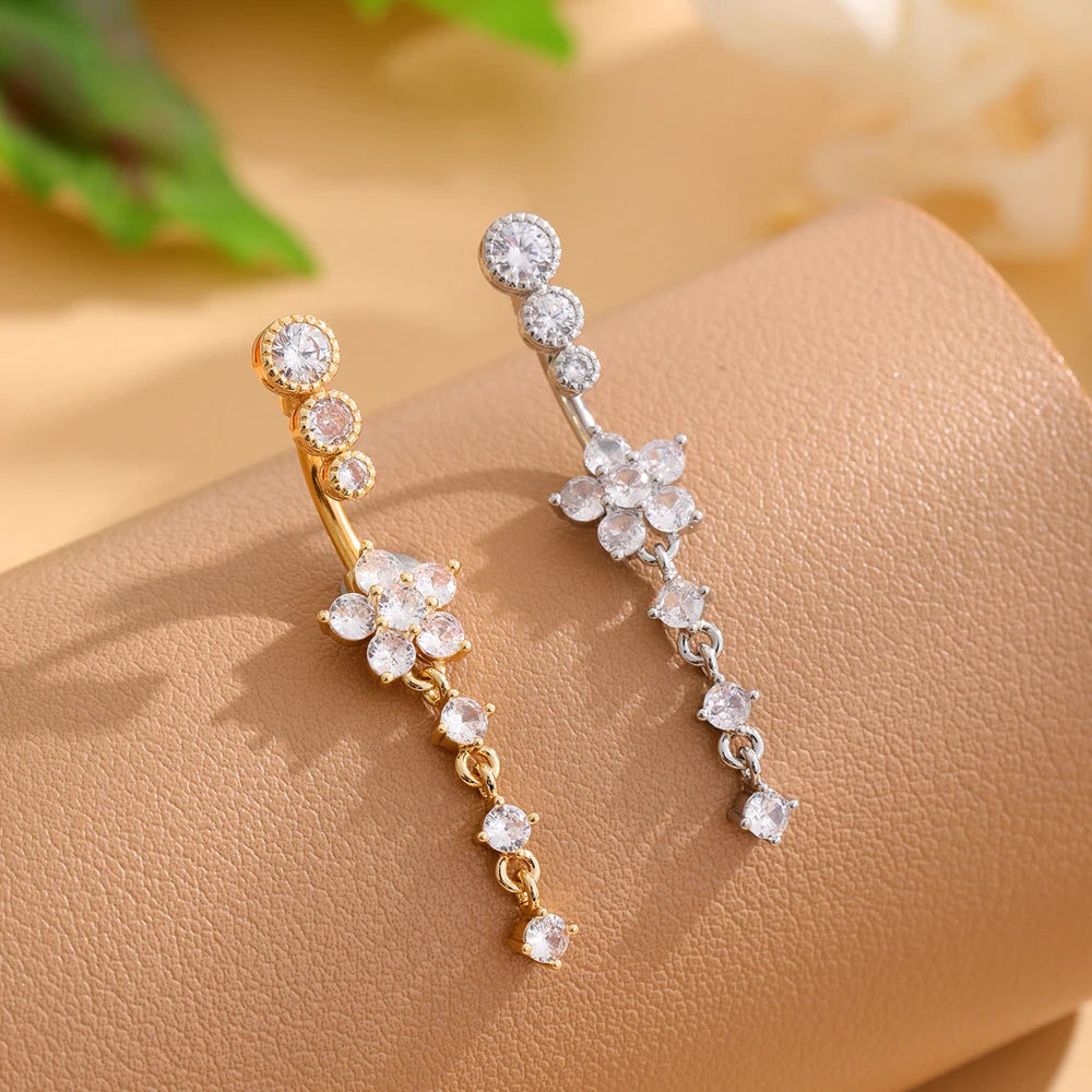 Long Dangled Flower Crystals Belly Button Rings Sexy Curved Navel Piercing for Women Girls 5 Zircons Belly body Jewelry 1 Piece
