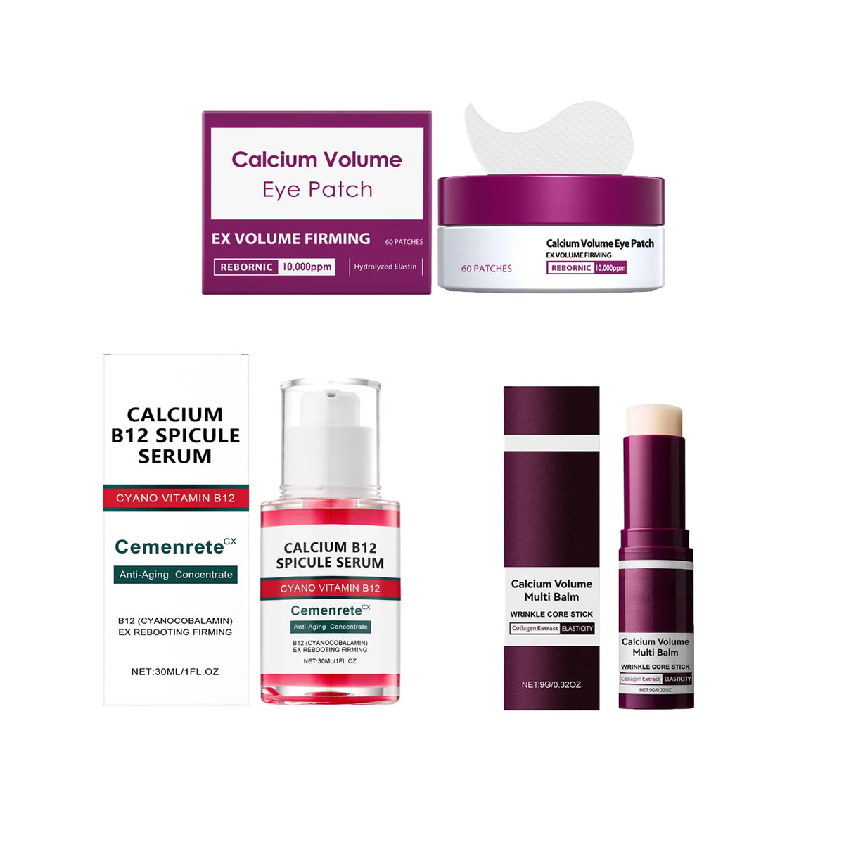 Calcium Anti-Aging Skincare Set – B12 Spicule Serum, Eye Patches & Multi Balm, Fades Fine Lines & Dark Circles