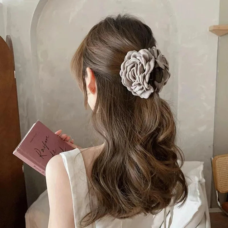French Fabric Rose Hair Claw Clips – Floral Barrette for Women & Girls, All Seasons