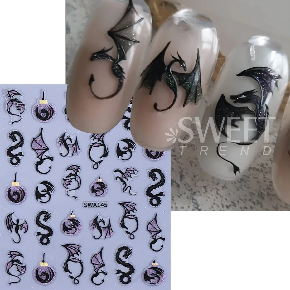 3/4pcs Metallic Dragon Nail Stickers Evil Bat Flying Dragon Designs Self-Adhesive Nail Decals Y2K Halloween Manicure Decoration