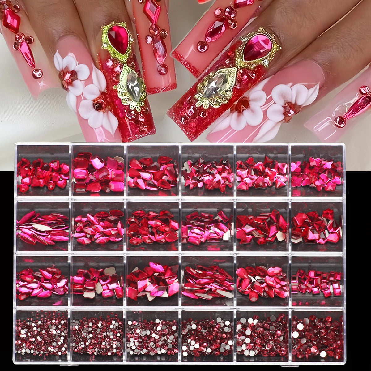 1 Box of Multi -Shaped 3D Nail Diamond Kits -24 AB Crystal Gem Grids, Flat -Bottom Nail Art Accessories Multi -Style Nail Suppli