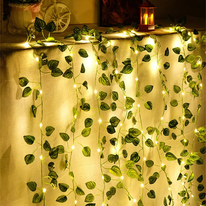 Solar Artificial Leaf LED String Lights Garland – Warm White Fairy Lights for Garden, Wedding, Christmas & Room Décor (5M/16.40ft, 10M/32.80ft)
