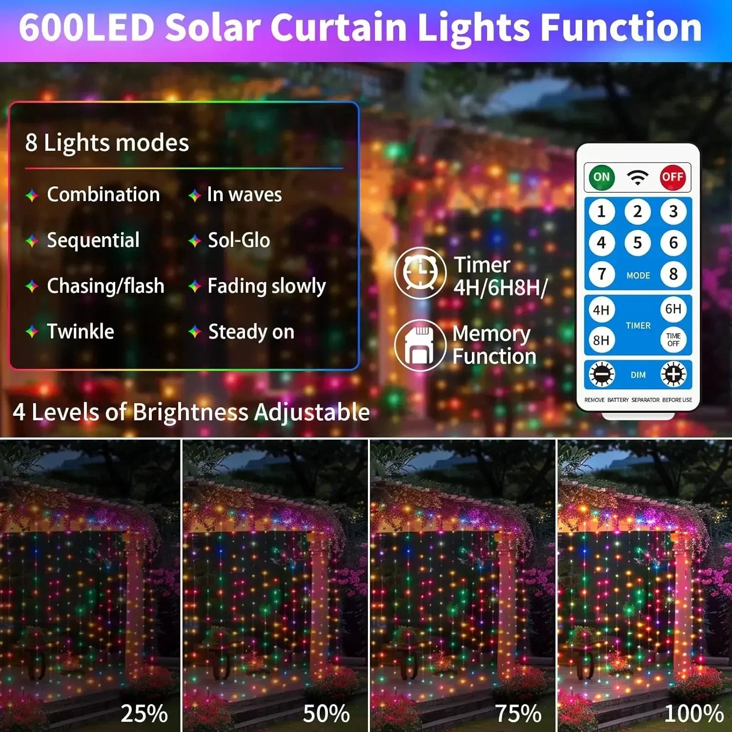 Solar Curtain String Lights 3x3M 300LED Fairy Holiday Decorations Christmas Birthday  for Party Garden Home Wedding Decoration