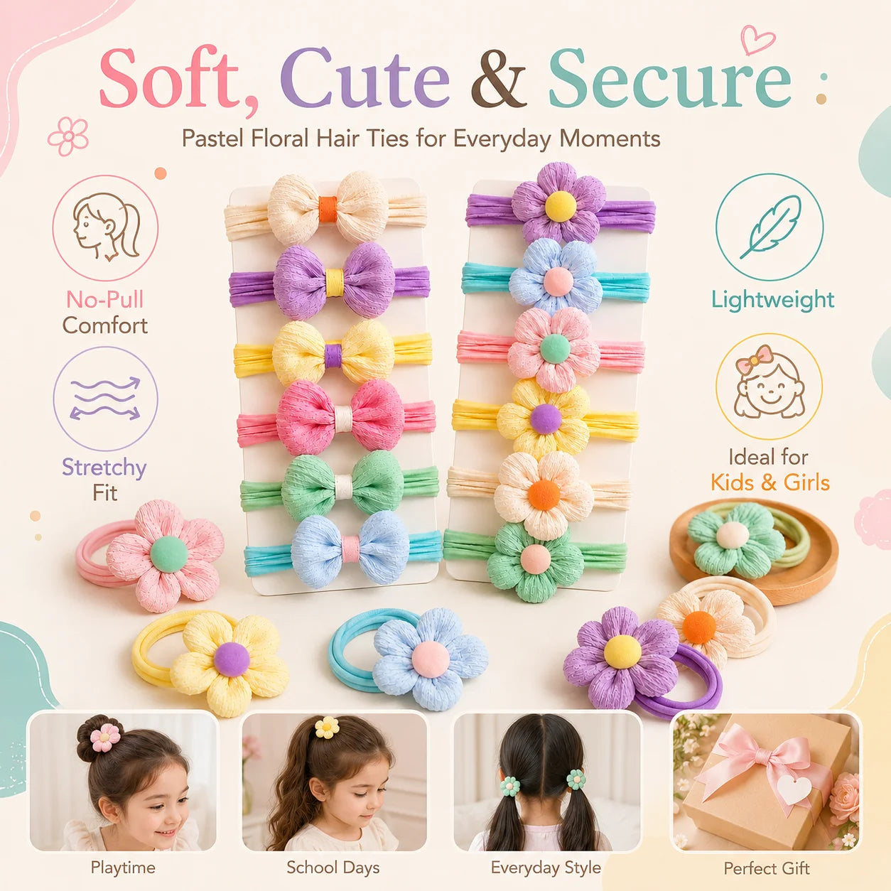 12PCS New Cut Hair Ties Princess Sweet Flower Bow Girls Women Elastic Hair Bands Hair Accessories Headwear Scrunchies 2030