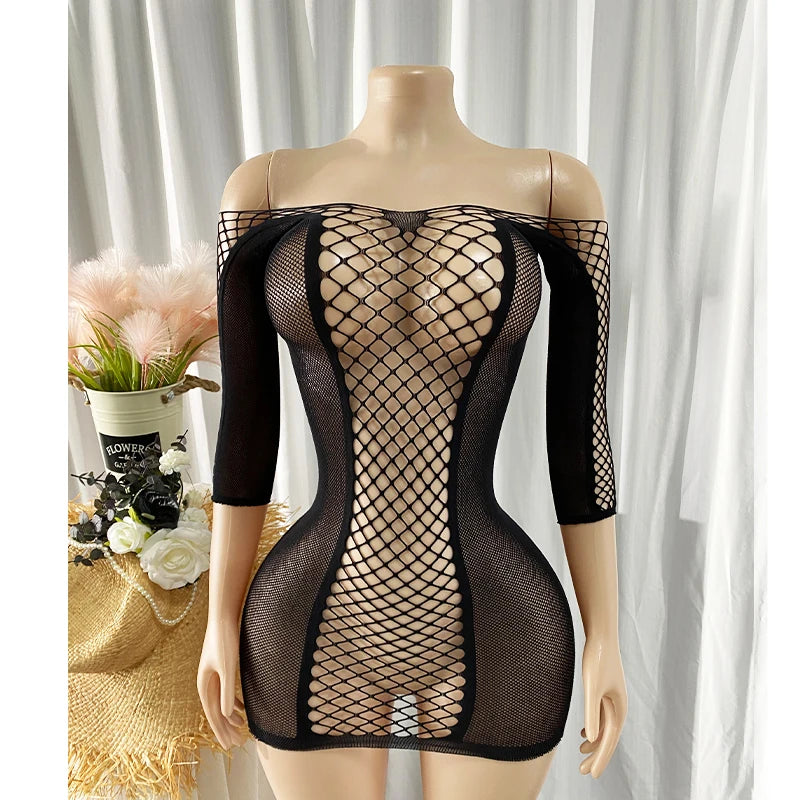 1 Piece Beach Cover Up without Bikini Summer's Hottest Mesh Swimsuit Women Summer Pool Swimwear Long Sleeves Hollow Out Dress