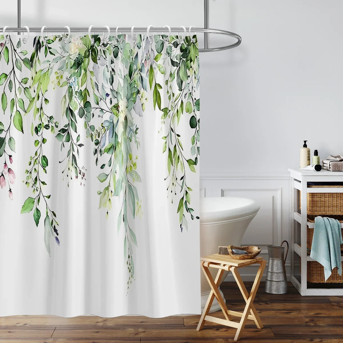 1 Piece Small Fresh Eucalyptus Leaves Digitally Printed Bathroom Shower Curtain Set Perforated Strap Hook Easy to Clean