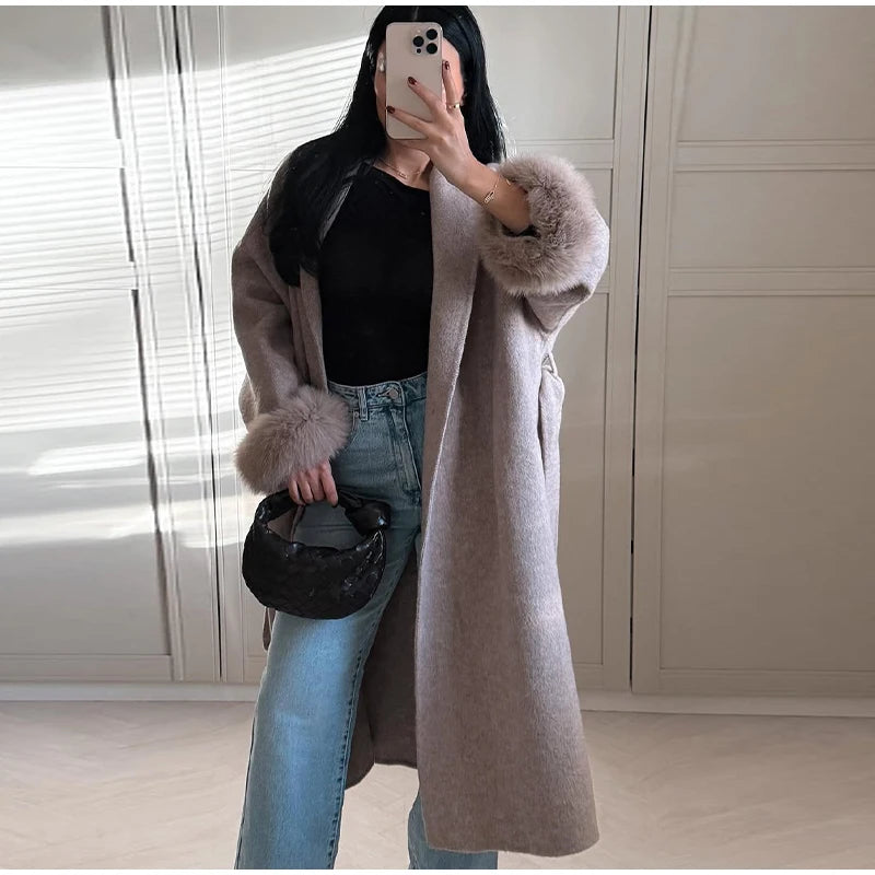 Elegant Solid Long Overcoat Women Turn-down Collar Lace Up Full Sleeve Classic Warm Coat 2025 New Lady Autumn Winter Casual Wear