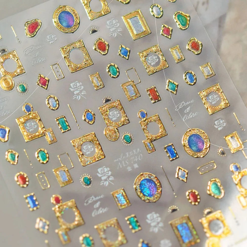 5D Luxury Nail Art Stickers – Gold Gemstone & Courtly Pattern Manicure Decals