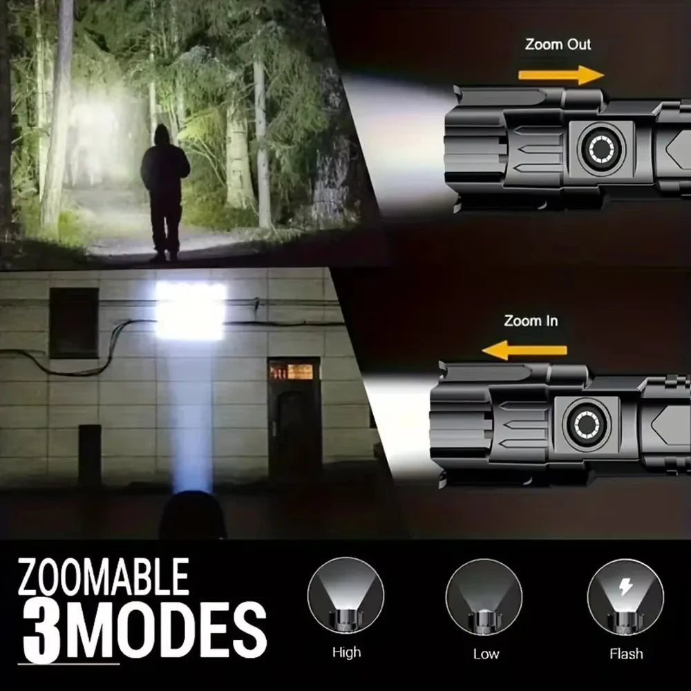 Powerful LED Flashlight USB C Rechargeable Zoomable Searchlight 3 Modes Handheld Flashlight for Outdoor Camping Hunting Torch