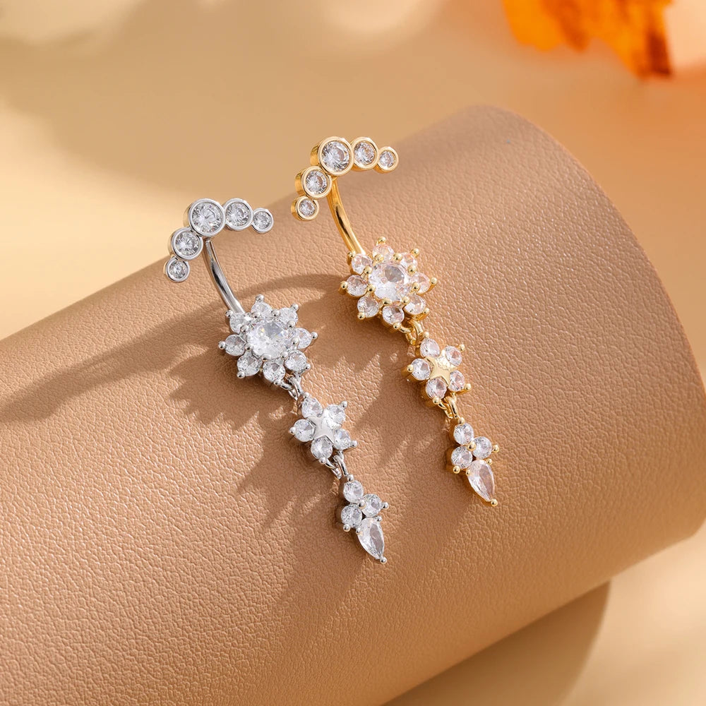 Long Dangled Flower Crystals Belly Button Rings Sexy Curved Navel Piercing for Women Girls 5 Zircons Belly body Jewelry 1 Piece