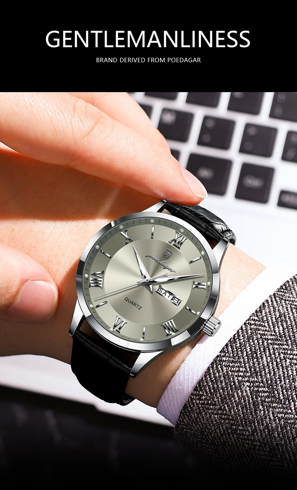 POEDAGAR 978-D Men’s Day-Date Dress Watch