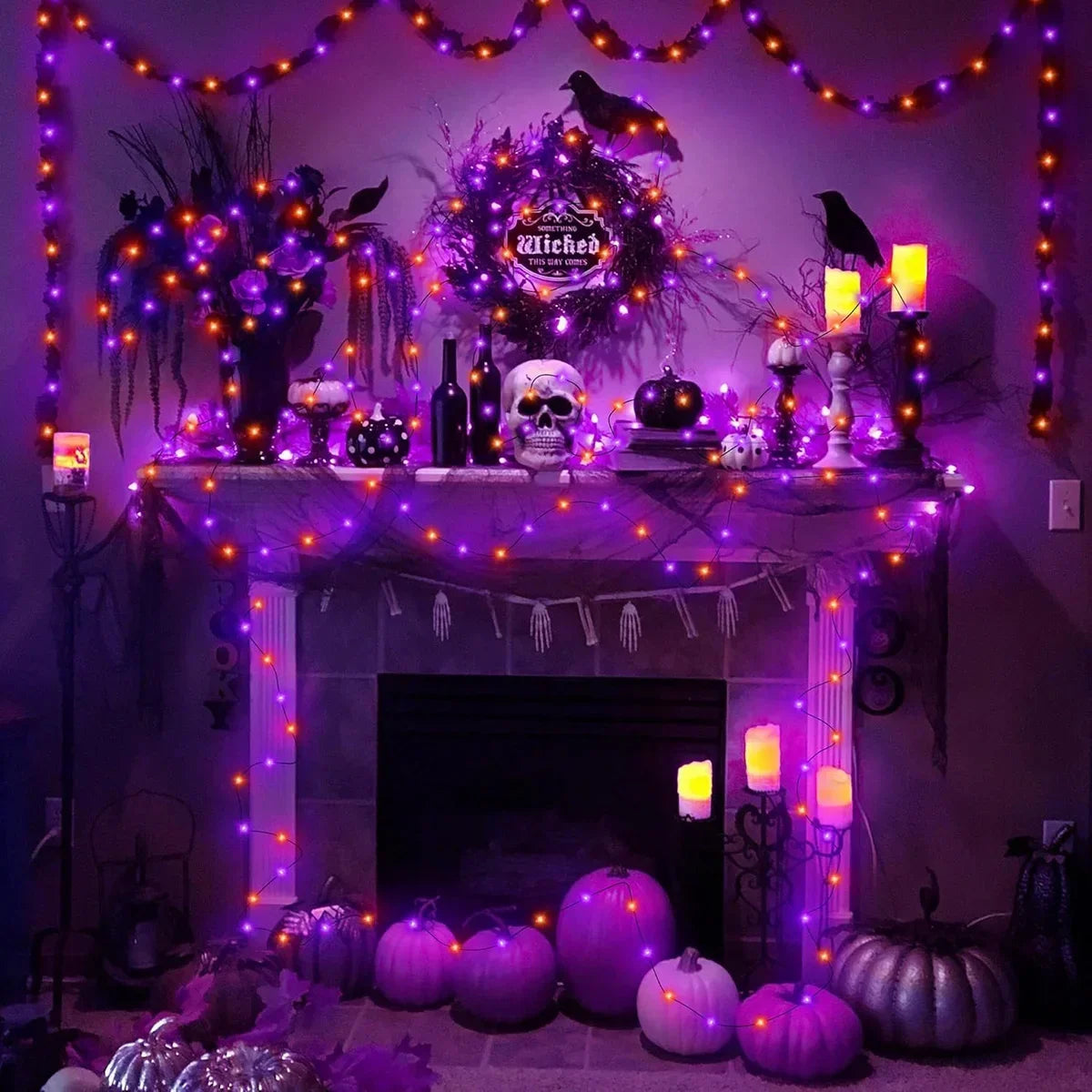 20M LED Purple Orange String Light Outdoor Battery Powered Halloween Fairy Lights For Christmas Party Garden Halloween Decor