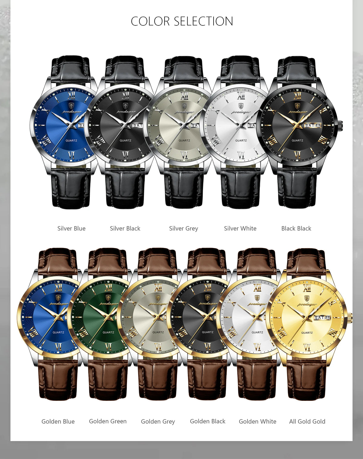 POEDAGAR 978-D Men’s Day-Date Dress Watch