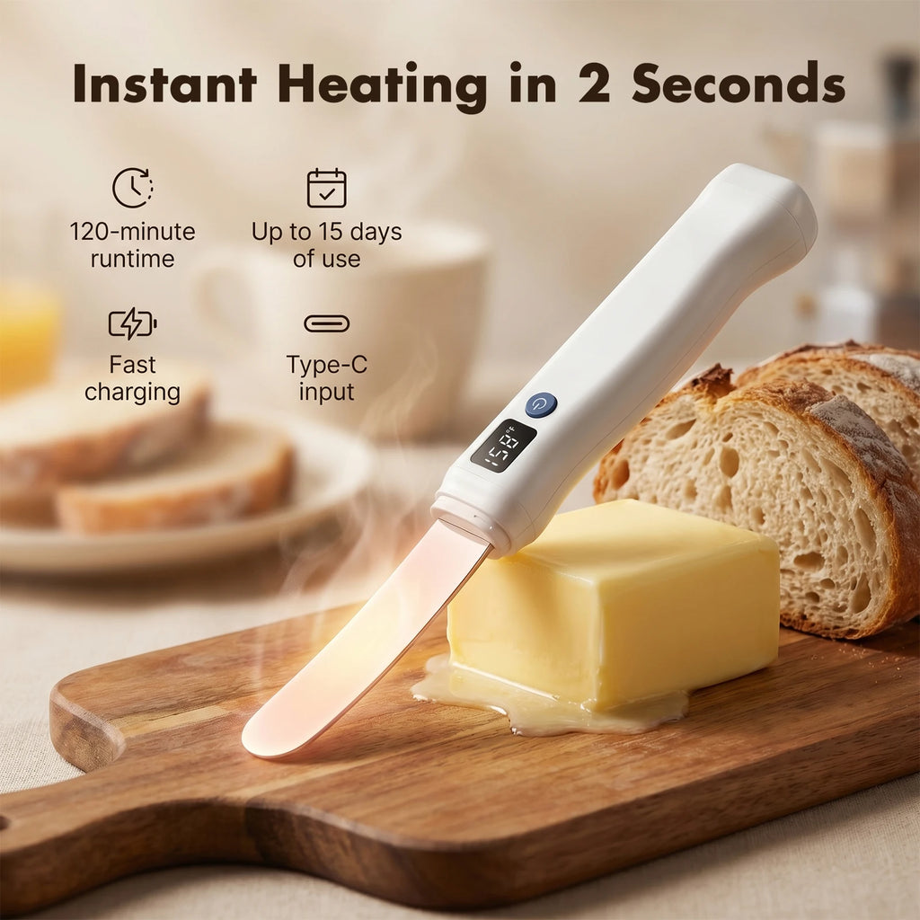 USB Rechargeable Heated Butter Knife – Electric Spreader for Cold Butter, Cheese & Chocolate, LED Display, CE Certified