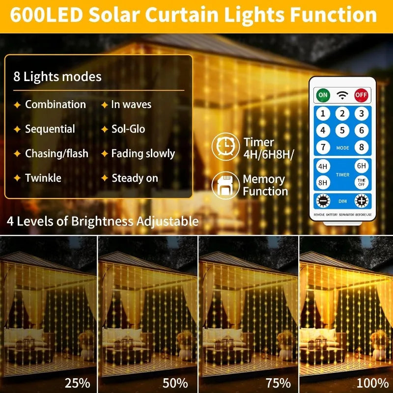 Solar Curtain String Lights 3x3M 300LED Fairy Holiday Decorations Christmas Birthday  for Party Garden Home Wedding Decoration