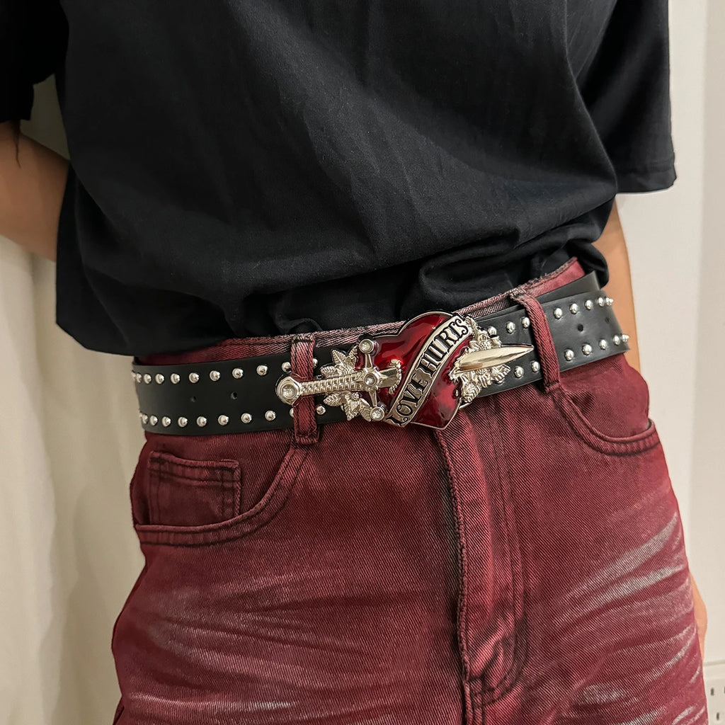 Studded Faux Leather Belt with Red Heart Buckle