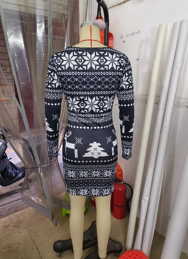 Women's Christmas Mini Dress – Snowflake & Elk Print, Long Sleeve, Skinny A-Line O-Neck, Festive Casual Wear