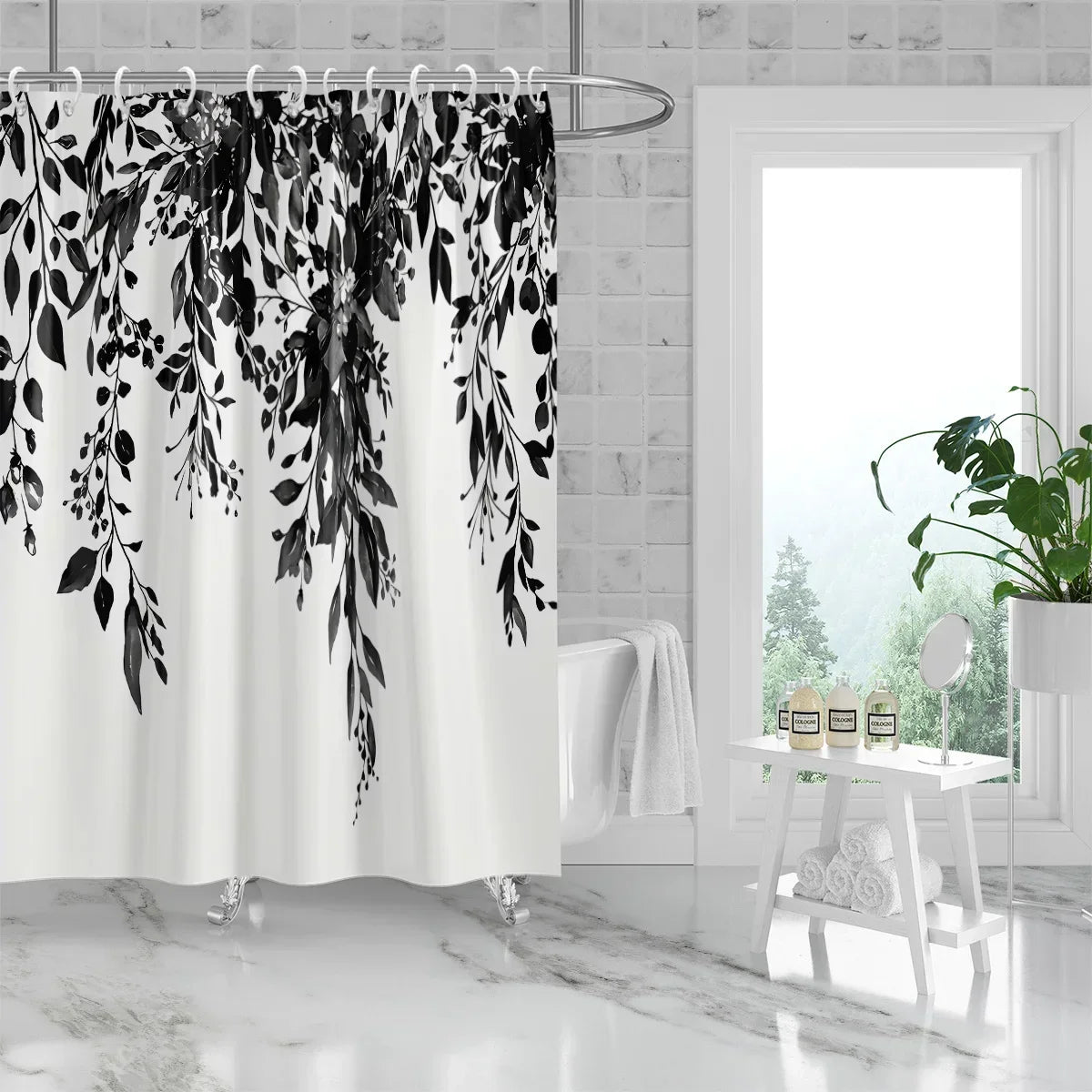 1 Piece Small Fresh Eucalyptus Leaves Digitally Printed Bathroom Shower Curtain Set Perforated Strap Hook Easy to Clean