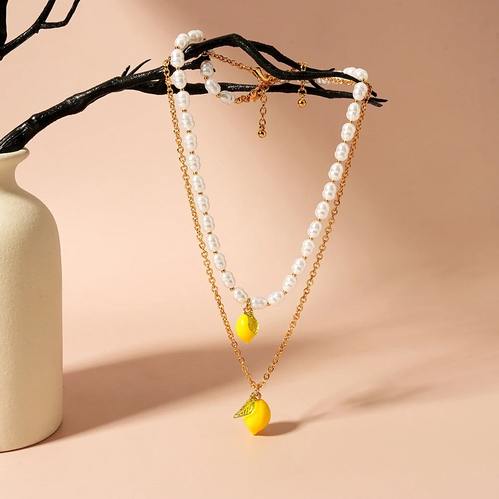 Lemon Charm Necklace with Pearl-Look Bead Styling