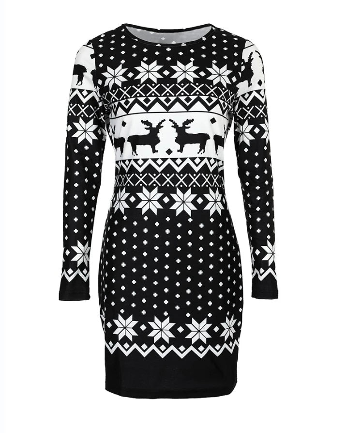Women's Christmas Mini Dress – Snowflake & Elk Print, Long Sleeve, Skinny A-Line O-Neck, Festive Casual Wear