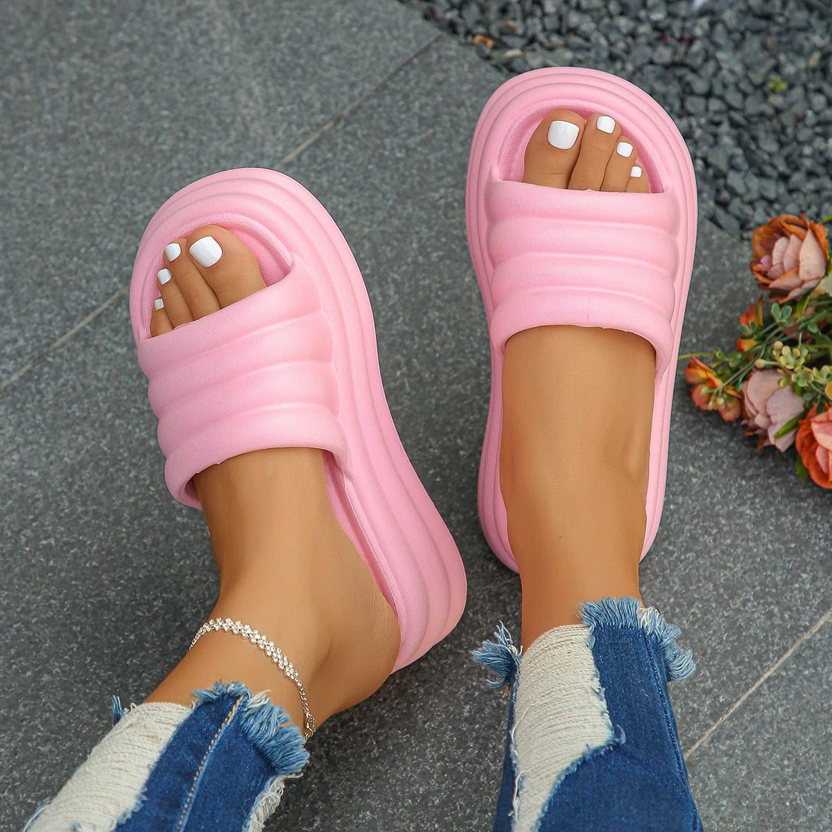 Hot Pink Chunky Platform Slippers Women Summer 2024 Thick Bottom Wedge Heels Sandals for Woman Non Slip Outdoor Flip Flops Mujer