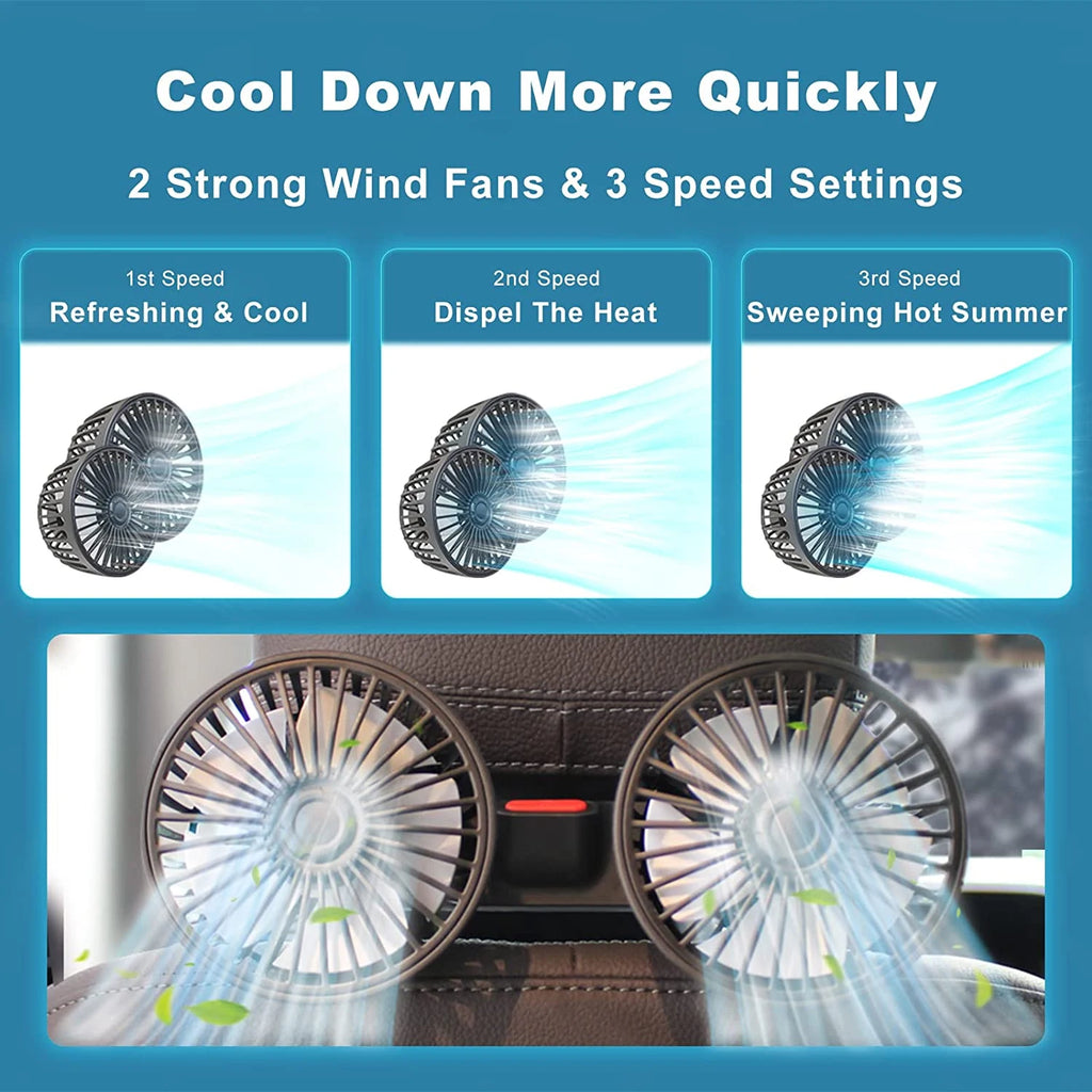 Dual-Head Car Backseat Fan with 3 Speeds