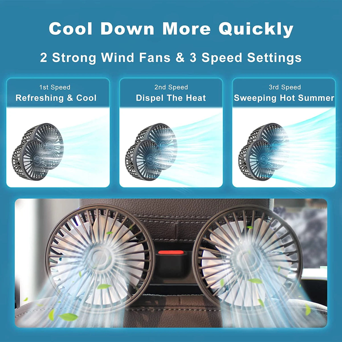 Dual-Head Car Backseat Fan with 3 Speeds