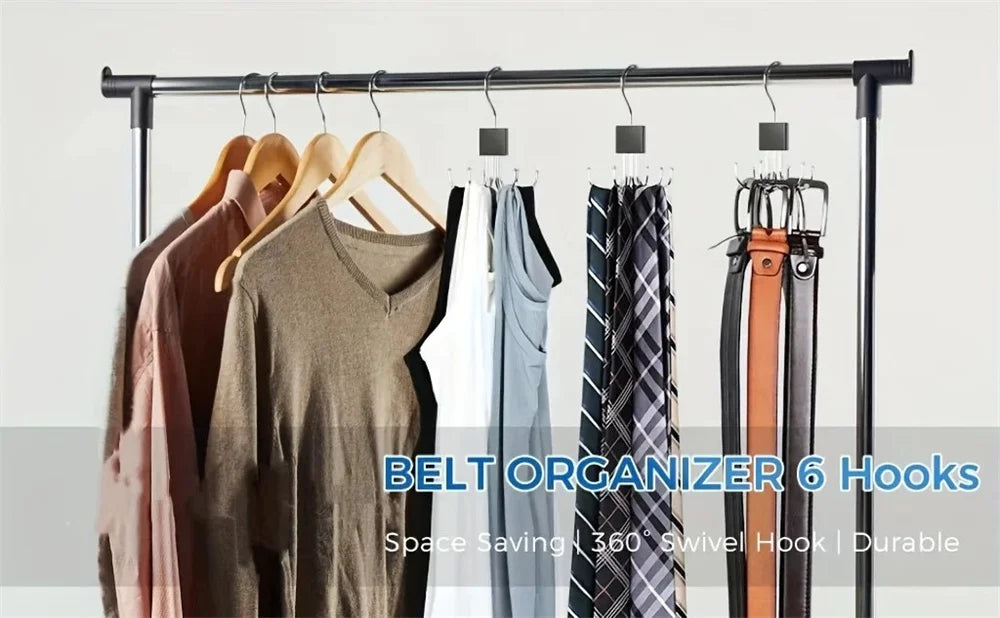 360° Rotating Belt & Accessory Hanger – Multi-Hook Closet Organizer, Wood & Metal