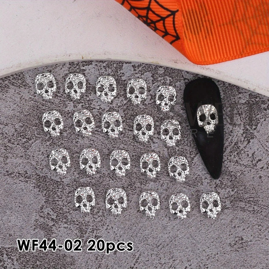 20pcs Alloy Skull Nail Charms Decoration Punk Gothic Skeleton Design Metallic Halloween Holiday 2025 Design Manicure Accessories