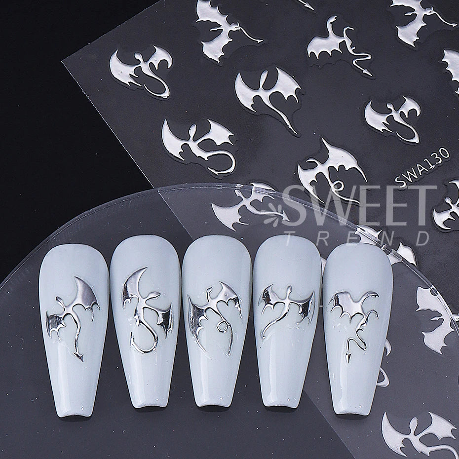 3/4pcs Metallic Dragon Nail Stickers Evil Bat Flying Dragon Designs Self-Adhesive Nail Decals Y2K Halloween Manicure Decoration
