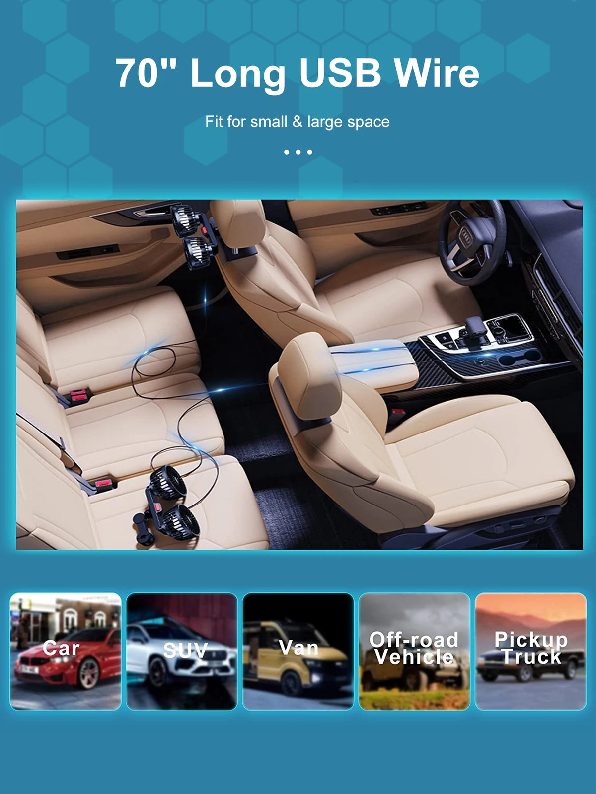 Dual-Head Car Backseat Fan with 3 Speeds