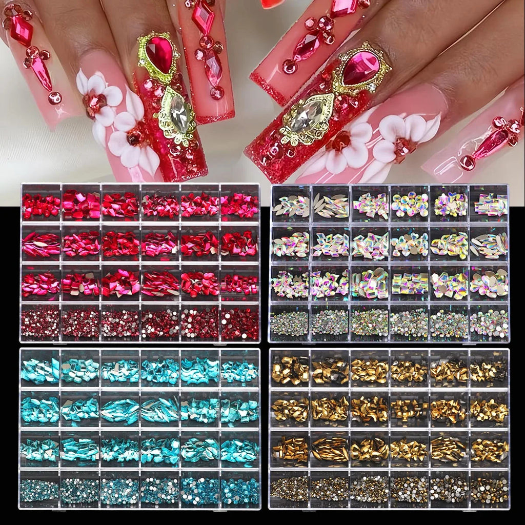 1 Box of Multi -Shaped 3D Nail Diamond Kits -24 AB Crystal Gem Grids, Flat -Bottom Nail Art Accessories Multi -Style Nail Suppli