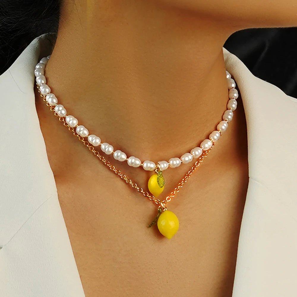 Lemon Charm Necklace with Pearl-Look Bead Styling