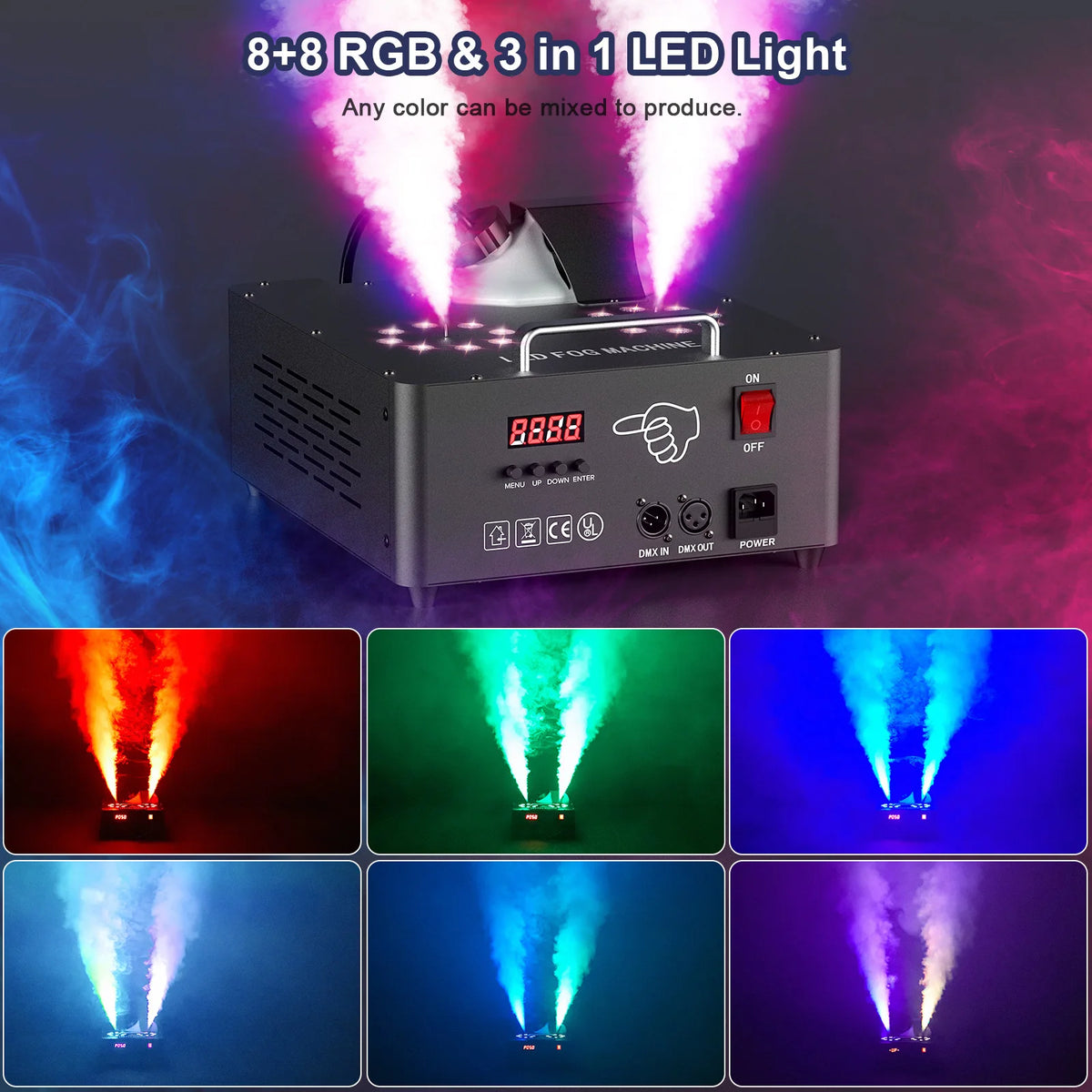 U'King 2000W RGB Fog Machine – Dual-Tube, 3-in-1 LED Color Smoke Effect, DMX512, Remote Control, for DJ, Stage & Weddings, CE Certified