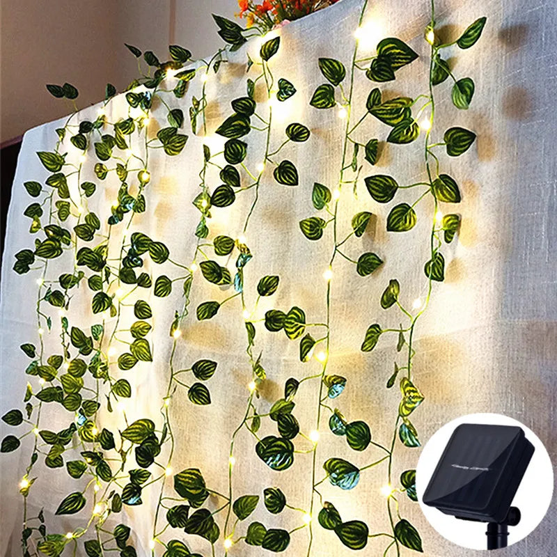 Solar Artificial Leaf LED String Lights Garland – Warm White Fairy Lights for Garden, Wedding, Christmas & Room Décor (5M/16.40ft, 10M/32.80ft)