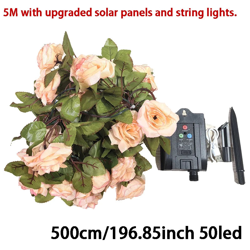 5M 50LED Rose Vine String Lights Solar Powered Artificial Flower Fairy Light for Garden Patio Bedroom Wedding Christmas Decor