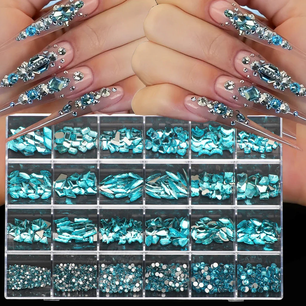 1 Box of Multi -Shaped 3D Nail Diamond Kits -24 AB Crystal Gem Grids, Flat -Bottom Nail Art Accessories Multi -Style Nail Suppli