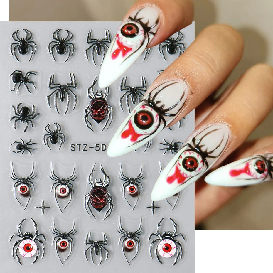 2pcs 3D Spider Stickers Nail Decals Halloween Black Spider Eye Nail Art Decorations 5D Embossed Adhesive Sliders Design Manicure