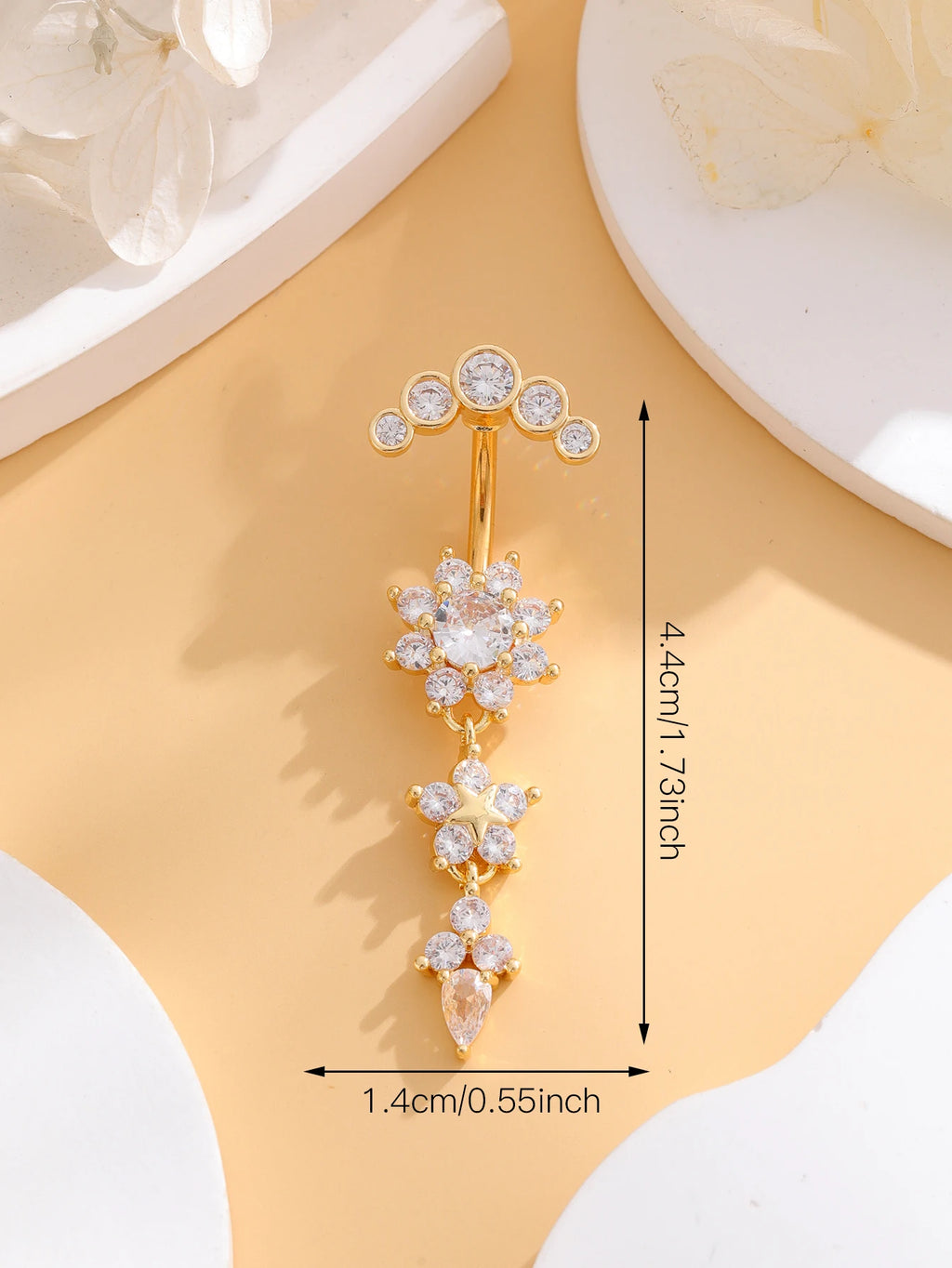 Long Dangled Flower Crystals Belly Button Rings Sexy Curved Navel Piercing for Women Girls 5 Zircons Belly body Jewelry 1 Piece