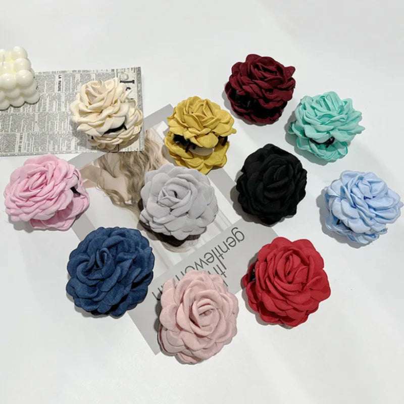 French Fabric Rose Hair Claw Clips – Floral Barrette for Women & Girls, All Seasons