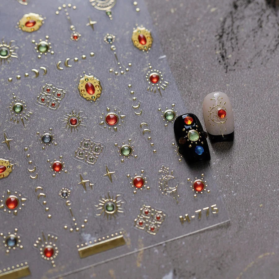 5D Luxury Nail Art Stickers – Gold Gemstone & Courtly Pattern Manicure Decals