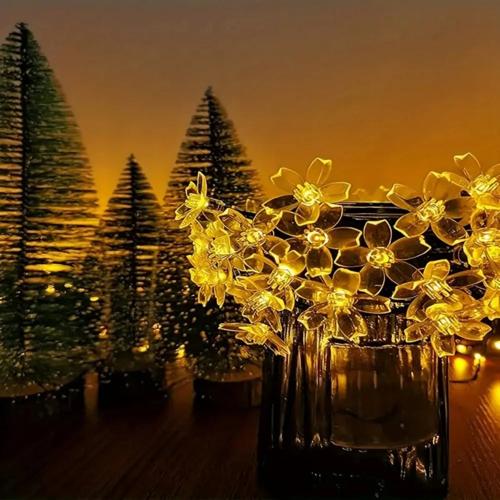 Solar Cherry Blossom Outdoor String Lights, Floral LED Fairy Lights for Yard Tree, Balcony, Backyard Landscape Festival Decor