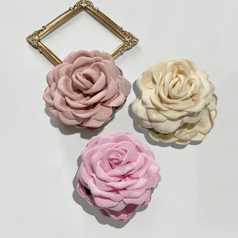 French Fabric Rose Hair Claw Clips – Floral Barrette for Women & Girls, All Seasons