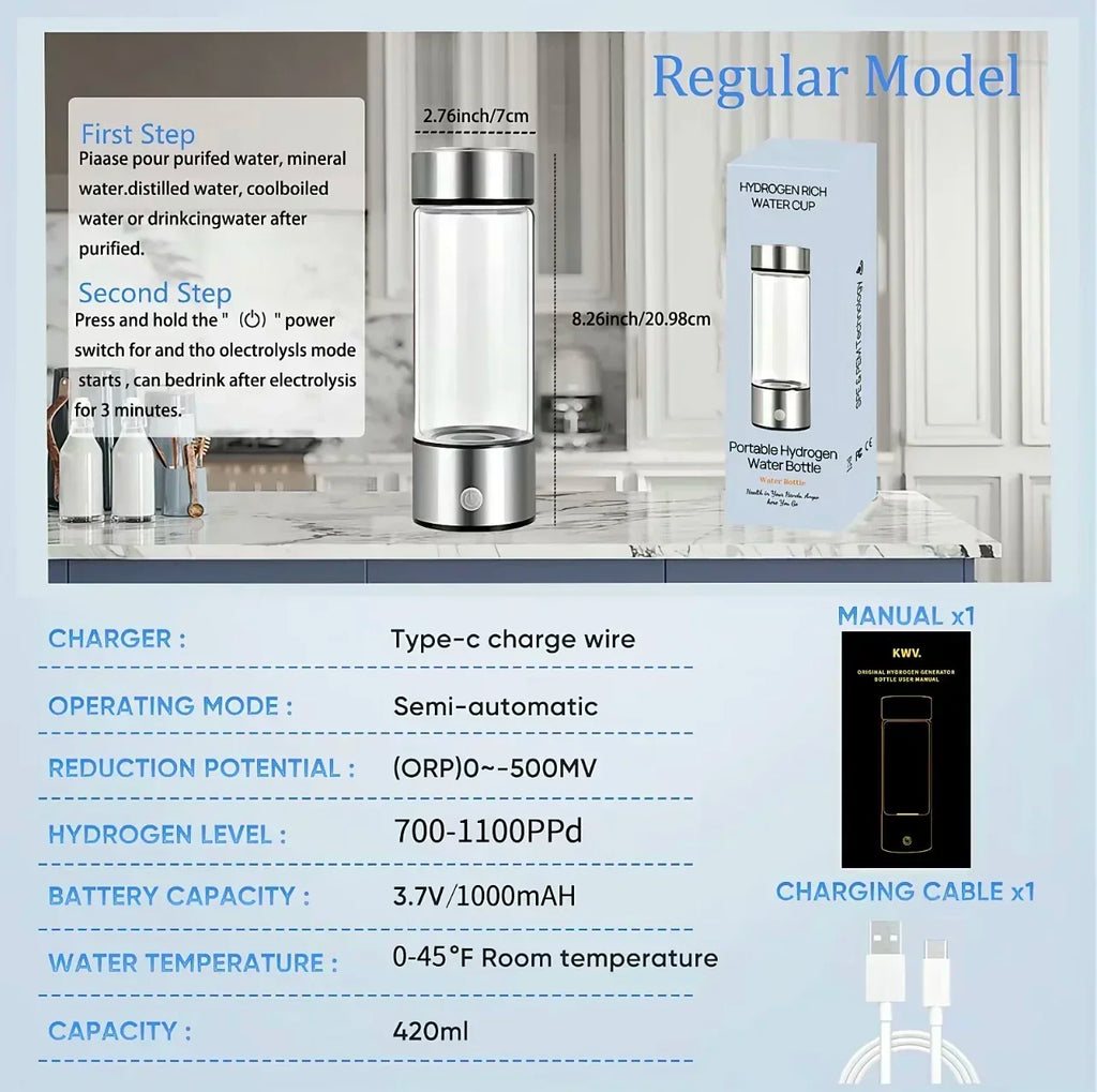 Rechargeable Glass Hydrogen Water Bottle – 14.2 fl oz (420 mL)
